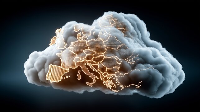 Digital illuminated map of Europe embedded in a realistic 3D cloud symbolizing cloud computing and data storage for geographical regions
