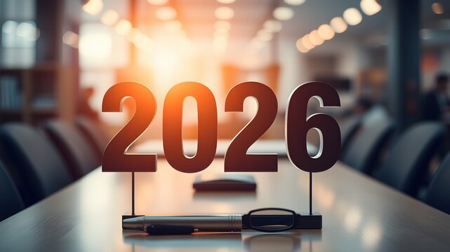 Year 2026 numbers displayed prominently on a table in a modern office with future oriented, new year