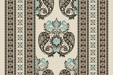 Ornamental Paisley Border Seamless Vector Pattern with Damask Medallion Motif and Ethnic Floral Geometric Stripes on Cream Background for Fabric, Textile Wallpaper,  Home Decor Print © supachai