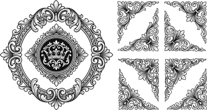 Vintage baroque round frame with royal crown emblem and decorative corner design elements set in classic engraved style