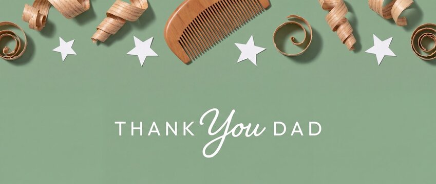 Father's Day wooden comb banner featuring rustic spiral wood shavings and white paper stars on sage green background to celebrate dad with super clean, minimalist flat lay design for fatherhood event.