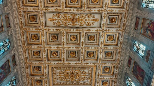 A stunning interior view of the Basilica of Saint Paul Outside the Walls in Rome, Italy, featuring rows of majestic marble columns and a magnificent gilded coffered ceiling.


