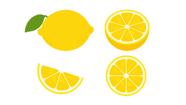 Lemon fruit and sliced lemon pieces isolated vector set