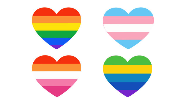 Four heart shapes with rainbow, transgender, lesbian and gay pride flags