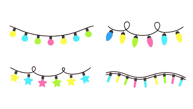 Colorful string lights garland set isolated on white background