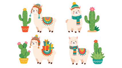 Cute llama characters with cacti in colorful cartoon set © Artstock