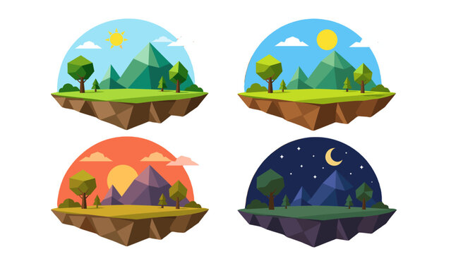 Low poly floating island landscapes showing four times of day