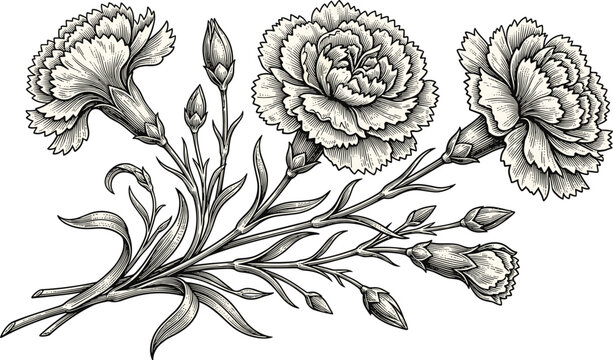 Title: Vintage hand drawn engraving style carnation flowers illustration bunch with open blooms buds and leaves on white background