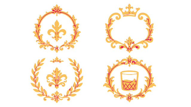 Set of ornate golden monogram frames with crown and glass