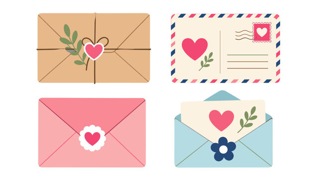 Cute pastel envelopes and postcard set with heart decorations