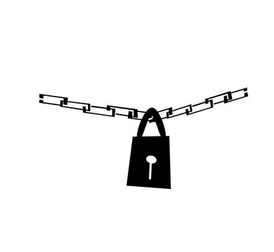 Black padlock silhouette locking metal chain isolated on transparent background
