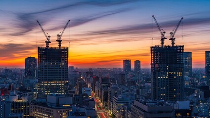 Obraz premium Skyscrapers under construction at sunset in a modern city skyline