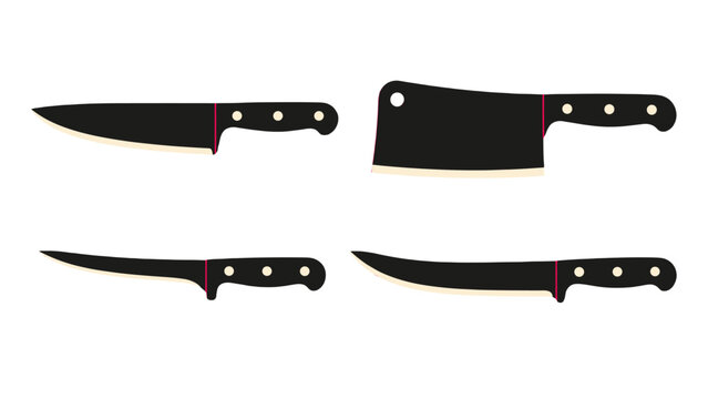 Set of butcher and kitchen knife silhouettes on white background