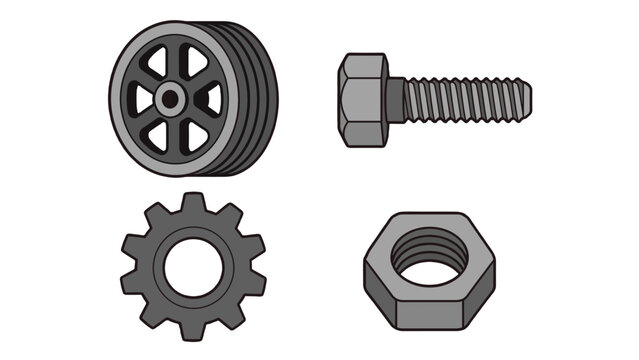 Industrial mechanical parts set with pulley bolt gear and nut