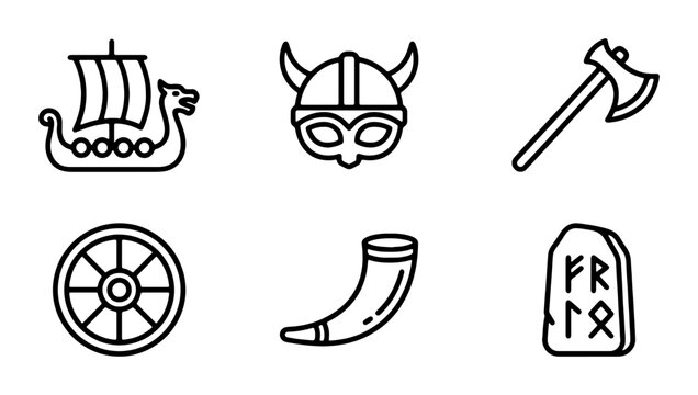 Viking Icons Set: Ship, Helmet, Axe, Wheel, Horn, Rune Stone, Nordic Symbols