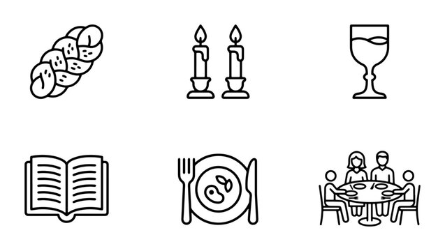 Jewish Holiday Icons: Challah Bread, Shabbat Candles, Wine Glass, Torah, Dinner Plate, Family Gathering