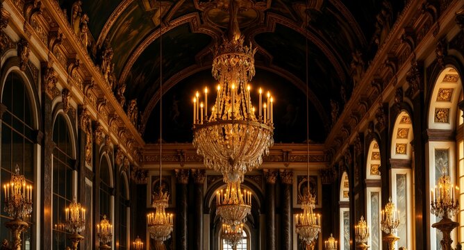 Opulent golden chandelier in a grand palace hall, baroque style, luxurious interior, candlelight glow  - Royal Grandeur.