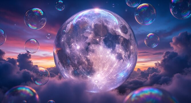 Cosmic moonscape with swirling nebula, vibrant bubbles, ethereal clouds, galactic fireworks  - Dreamlike Wonder.