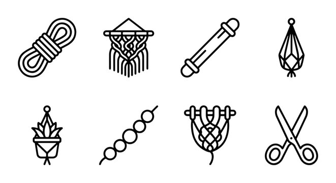 Macrame Craft Icons: Rope, Wall Hanging, Beads, Scissors, Knitting, Plant Holder