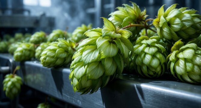 Fresh green hop cones with water droplets on stainless steel, brewery ingredients, craft beer concept.