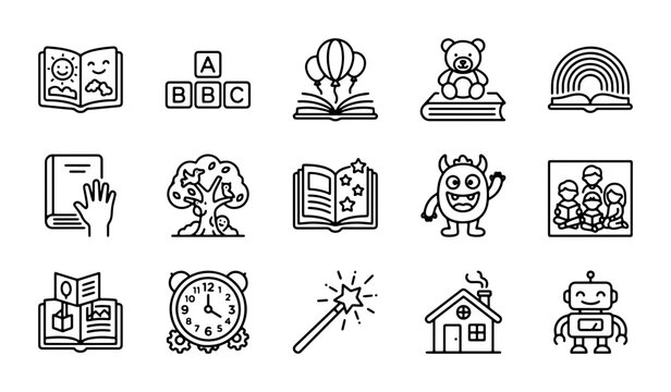 Children's Education Icons: ABC Blocks, Books, Toys, and Fantasy Elements for Kids