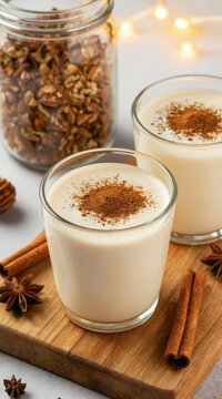 Creamy eggnog topped with cinnamon sits on wooden board near star anise spice. Jar of nuts and blurry lights complete festive holiday drink scene. Cozy winter beverage preparation.