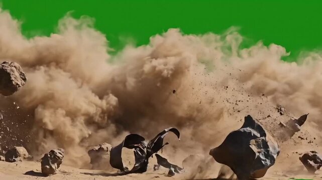 Dramatic dust explosion with flying rocks and debris on chroma key green screen. Massive brown sand blast and particle effect for VFX compositing.