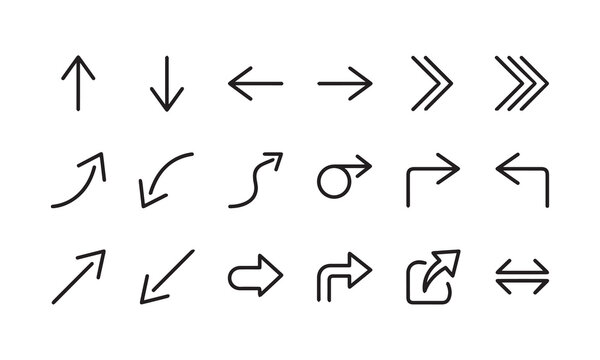 Thin line arrow icon set with curved paths and double chevron symbols for modern design.