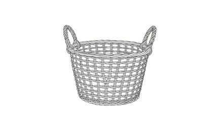 Obraz premium A simple, black and white line drawing depicts a round wicker basket. The basket has two handles and a slightly conical shape.