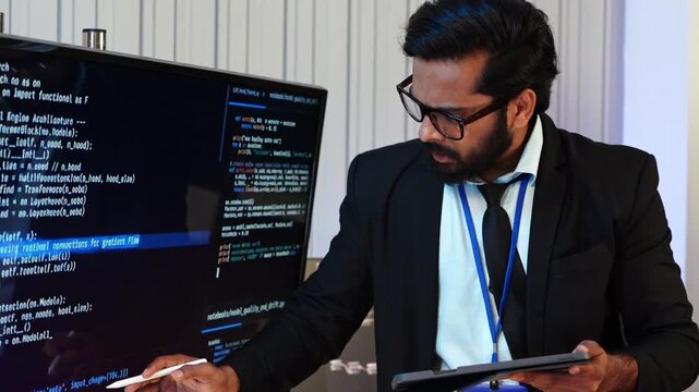 Indian software engineer explain AI coding script on presentation screen. Professional developer use stylus on tablet to review data and algorithm. Tech expert demonstrate program at business meeting