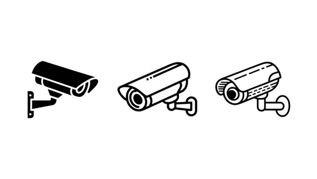 Set of three security camera icons showing surveillance equipment in different graphic styles