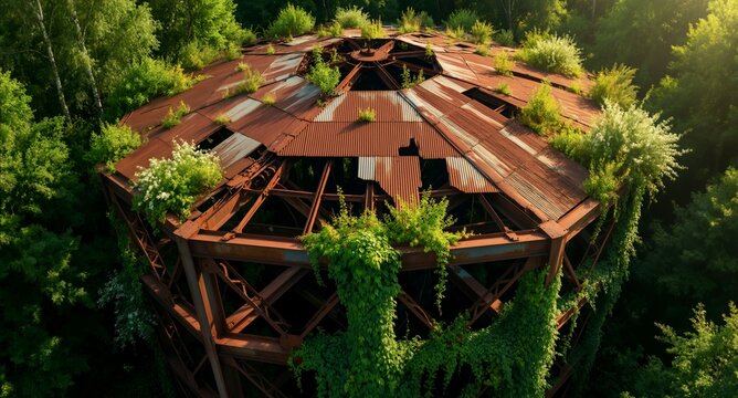 Abandoned industrial water tank, overgrown with ivy, rusty metal structure, nature reclaiming decay, post -apocalyptic landscape, forgotten infrastructure, resilience of nature.