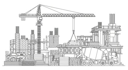Fototapeta premium A construction site displays a large crane lifting materials to a multi-story building under construction.