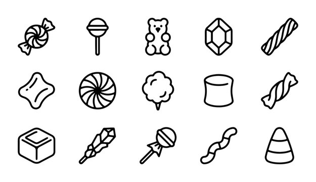 Sweet Treats Icon Set: Gummy Bear, Lollipop, Candy Corn, Marshmallow Icons for Food Design