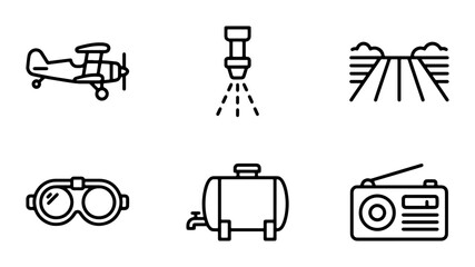 Agricultural Aviation Icons: Biplane, Sprayer, Field, Goggles, Tank, Radio © Mahi
