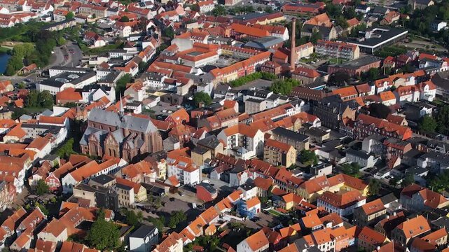 Aerial panorama view around the old town of the city Haderslev in Denmark on a sunny morning in summer