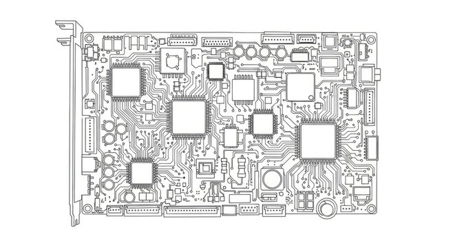 A detailed black and white line drawing depicts a printed circuit board. The board features numerous components, including integrated circuits, resistors, capacitors, and connectors.