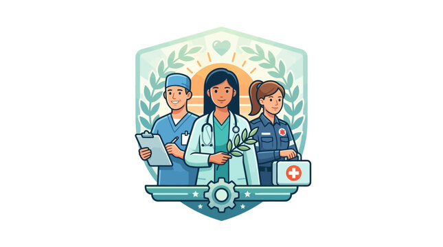 Diverse Medical Team Emblem: Doctor, Nurse, Paramedic with Stethoscope and First Aid Kit