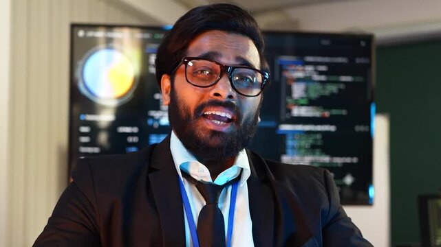 POV of project manager explain AI coding script via video call. Professional tech leader talk to webcam during online conference meeting. Corporate expert discuss software development on big screen mo