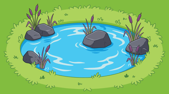 Cartoon pond with blue water, dark grey stones, and purple cattails on green grass background, cad drawing flat vector illustration, nature landscape scene