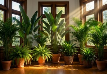 Fototapeta premium Indoor plants in terracotta pots, sunlit room, wooden floor, lush greenery, home decor, tranquility.