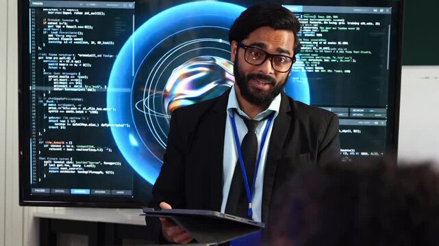 Team leader take note on digital tablet and explain AI code script during presentation. Manager software developer review algorithm on screen. Tech expert demonstrate data at business meeting