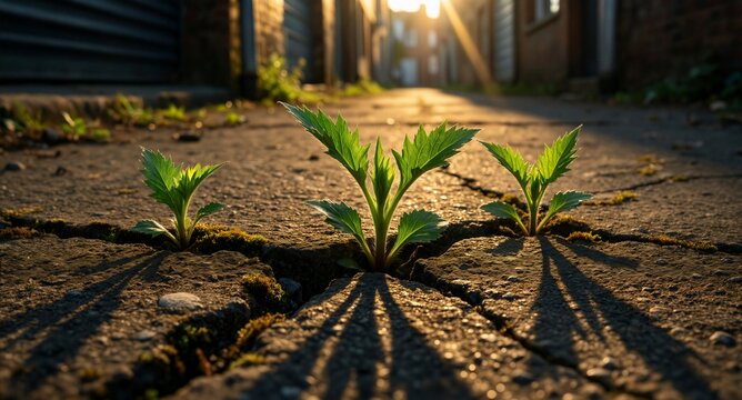 Green plant pushing through cracked pavement, urban resilience, hopeful growth, sunlight, determination, perseverance, new beginnings.