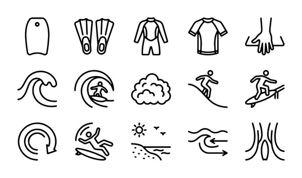 Surfing Icons Set: Waves, Boards, Suits, Beach, Skater, Action - Vector Graphics