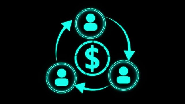 Online collaboration circular flow of money and people with a dollar sign at the center surrounded by three human figures in a continuous loop with arrows value exchange,  banking concept.