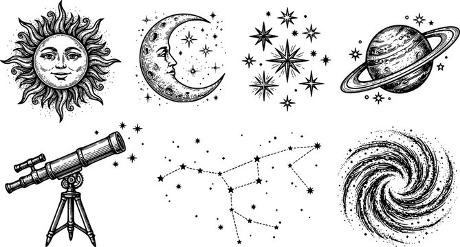 celestial engravings collection featuring sun, moon, and planets
