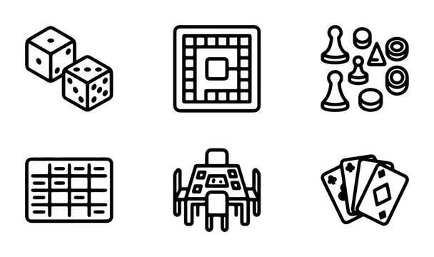 Board Game Icons Set, Tabletop Entertainment Vector Graphics, Dice, Cards, Pawns, Strategy Game Elements