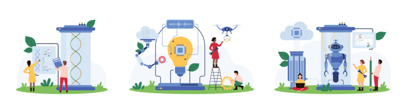 Science research in modern laboratory, AI development set. Tiny people repair and create futuristic light bulb with circuit, developers test robot inside lab machine cartoon vector illustration
