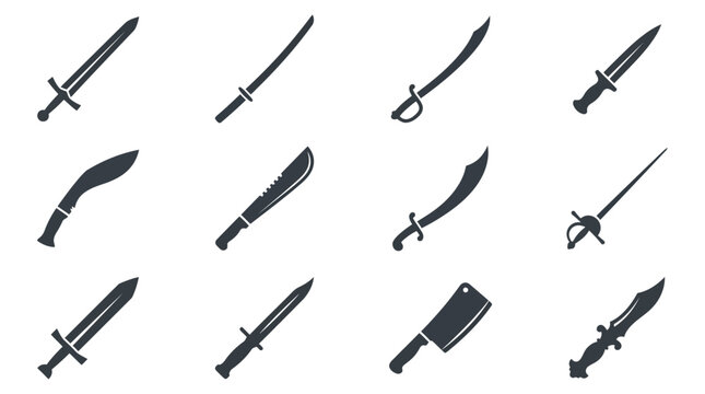 Flat silhouette vector icon set of 12 bladed weapons  sword silhouette  katana silhouette  saber silhouette  dagger silhouette  kukri silhouette  machete silhouette  scimitar silhouette  rapier 