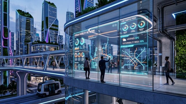Transparent OLED display with urban mobility network HUD dashboard on futuristic smart city glass facade with autonomous shuttle bus and green skyscrapers